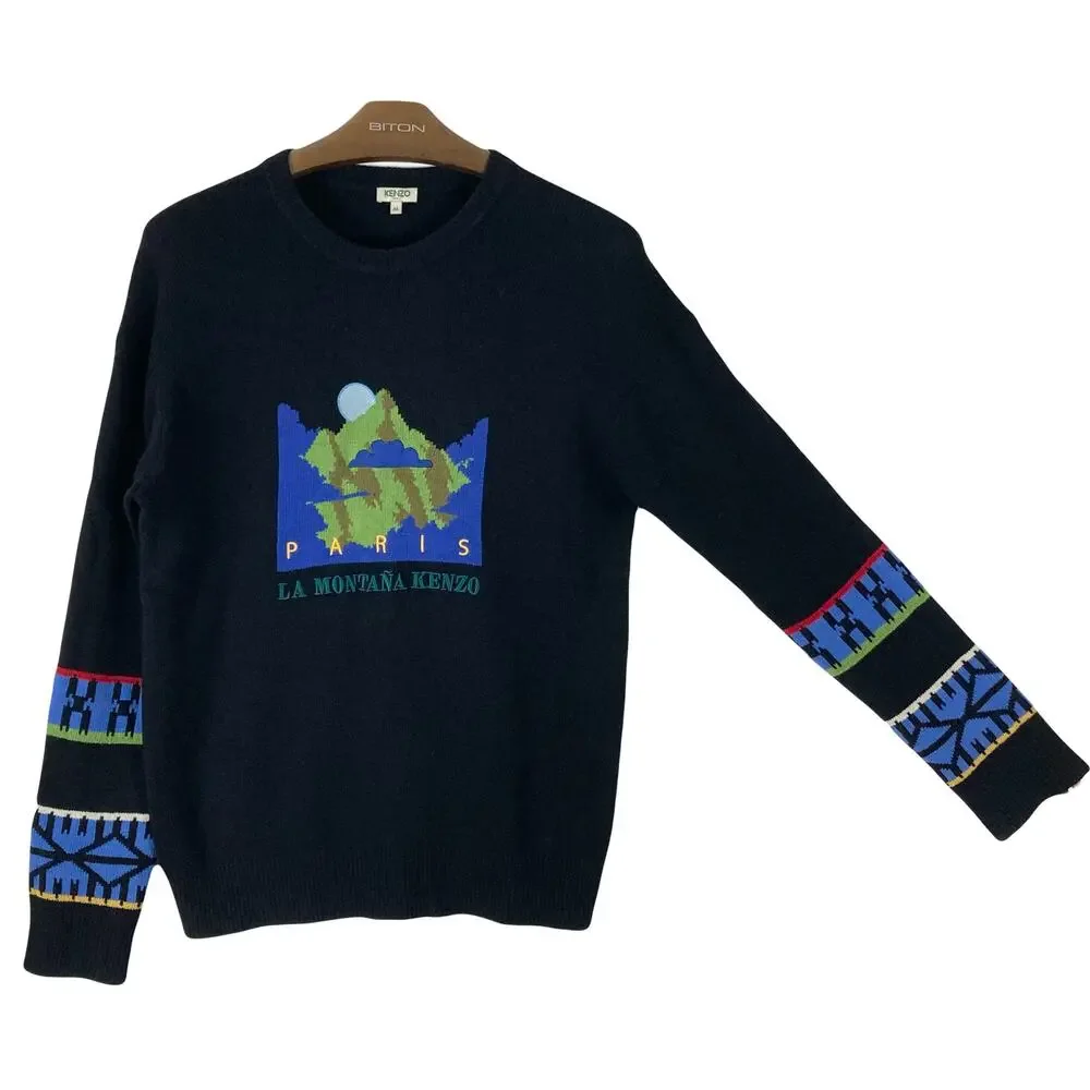 KENZO Sweater Men M”PARIS La Montana”2019 Graphic Logo Wool Black Royal-Blue